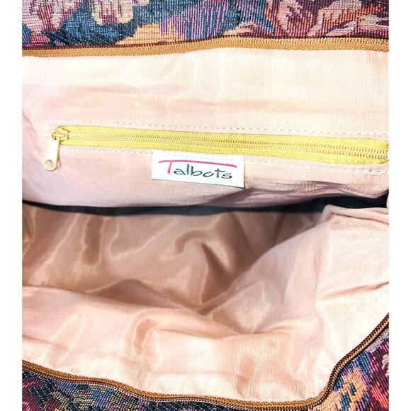 Floral Tapestry Tote Bag With Leather Handles Talbots Large Interior Pocket Zip - Picture 4 of 10